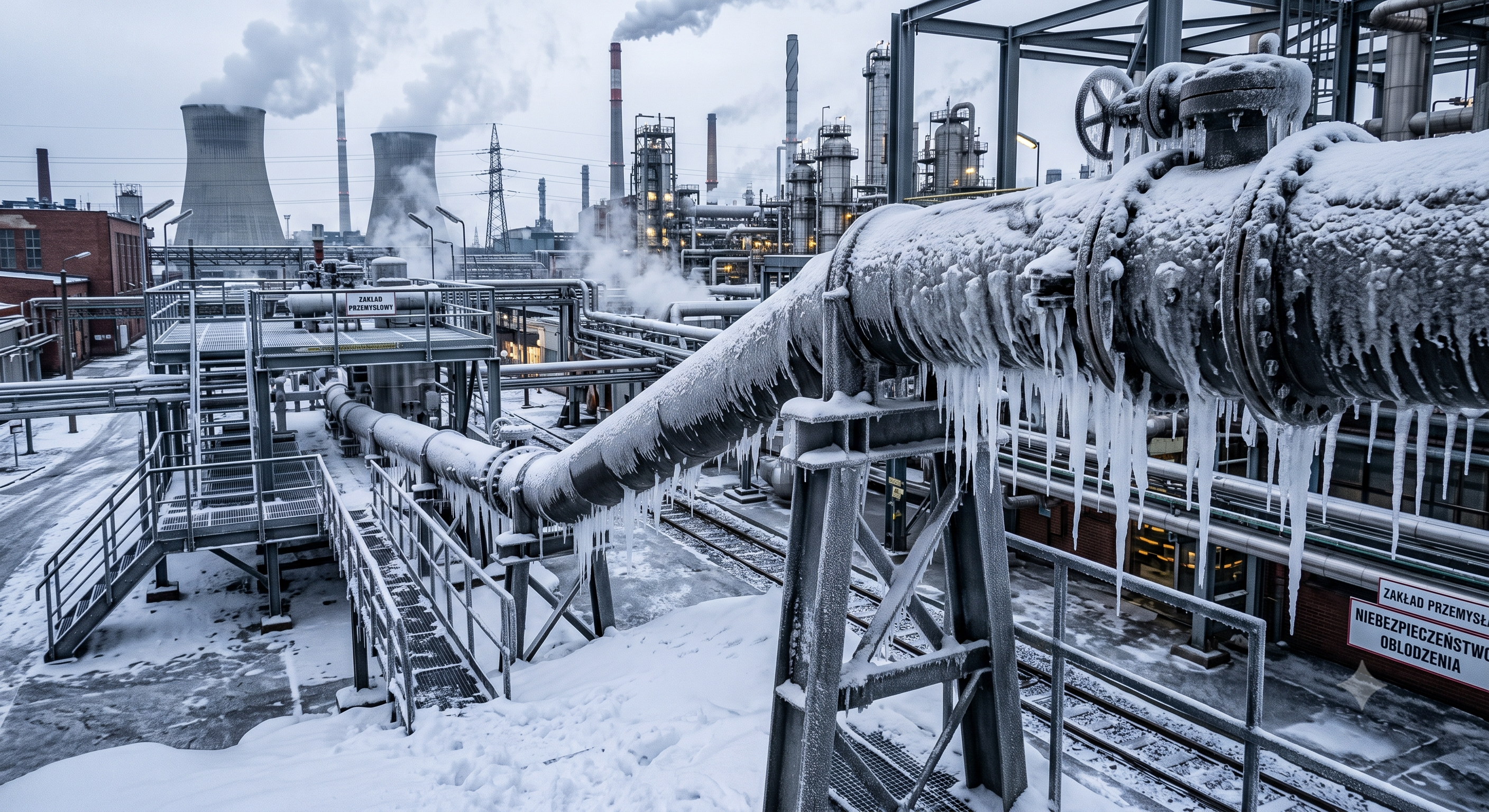 Oblodzony rurociąg przemysłowy wymagający zabezpieczenia ogrzewaniem elektrycznym